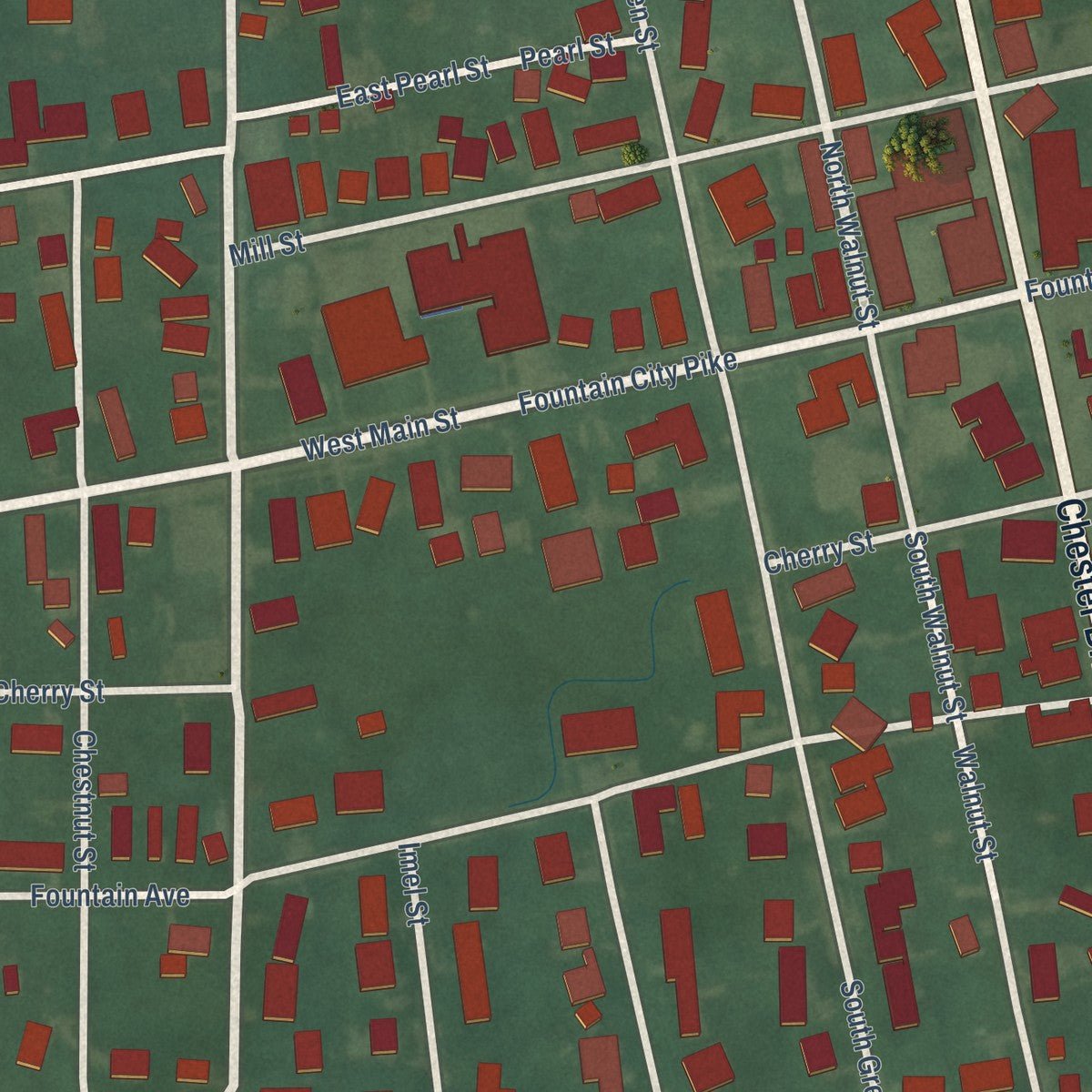 Close-up of the map of Fountain City, Indiana print showing street and building detail