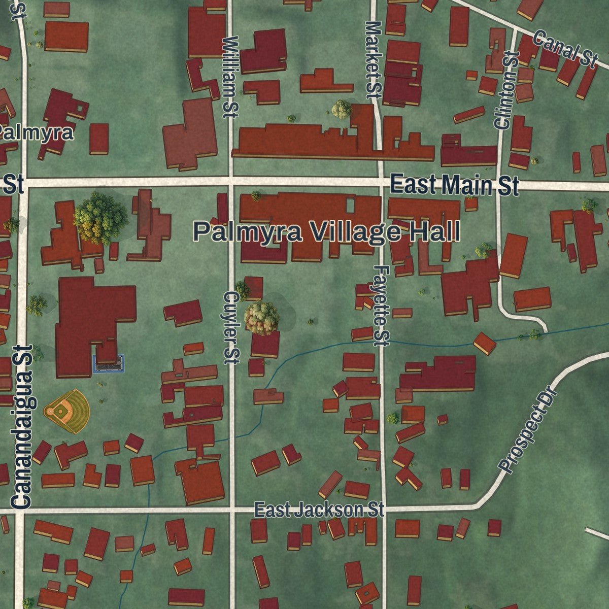 Close-up of the map of the Village of Palmyra, New York print showing street and building detail