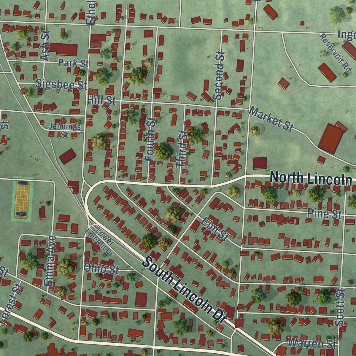 Close-up of the map of Hancock, Michigan print showing street and building detail