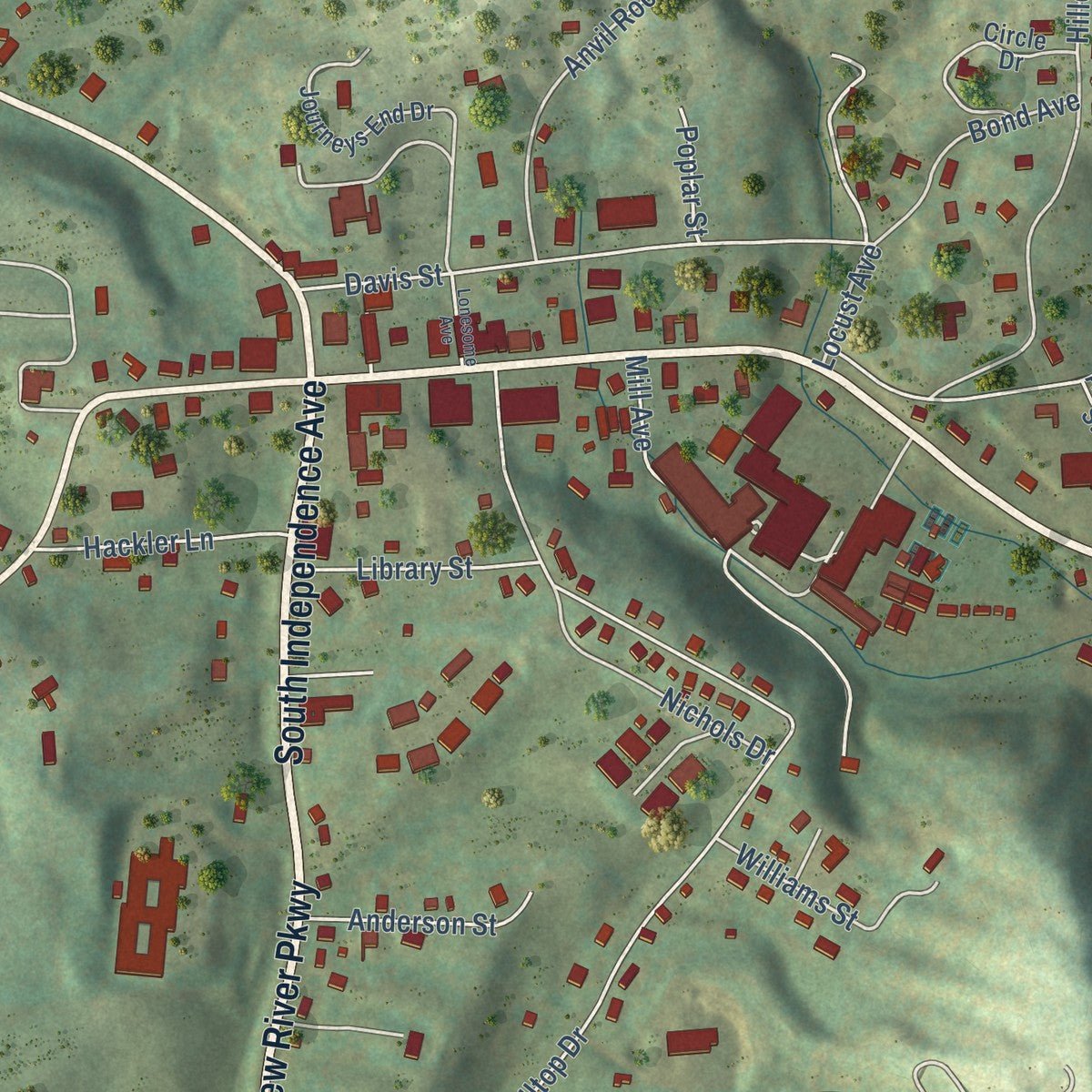 Close-up of the map of Independence, Virginia print showing street and building detail