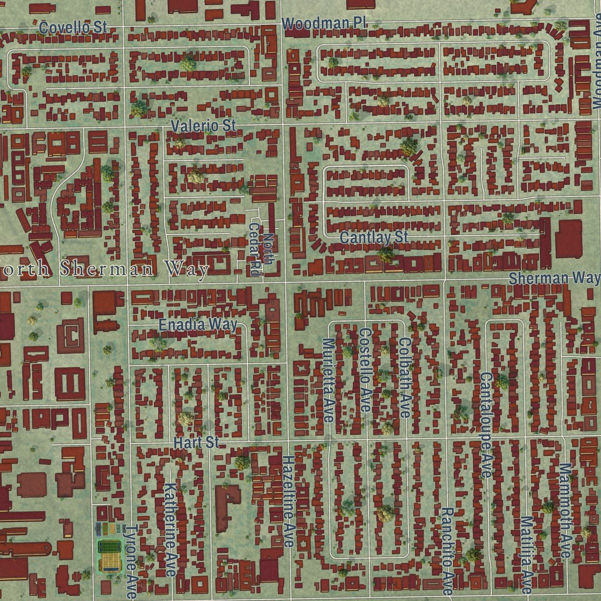 Close-up of the map of Van Nuys, California print showing street and building detail