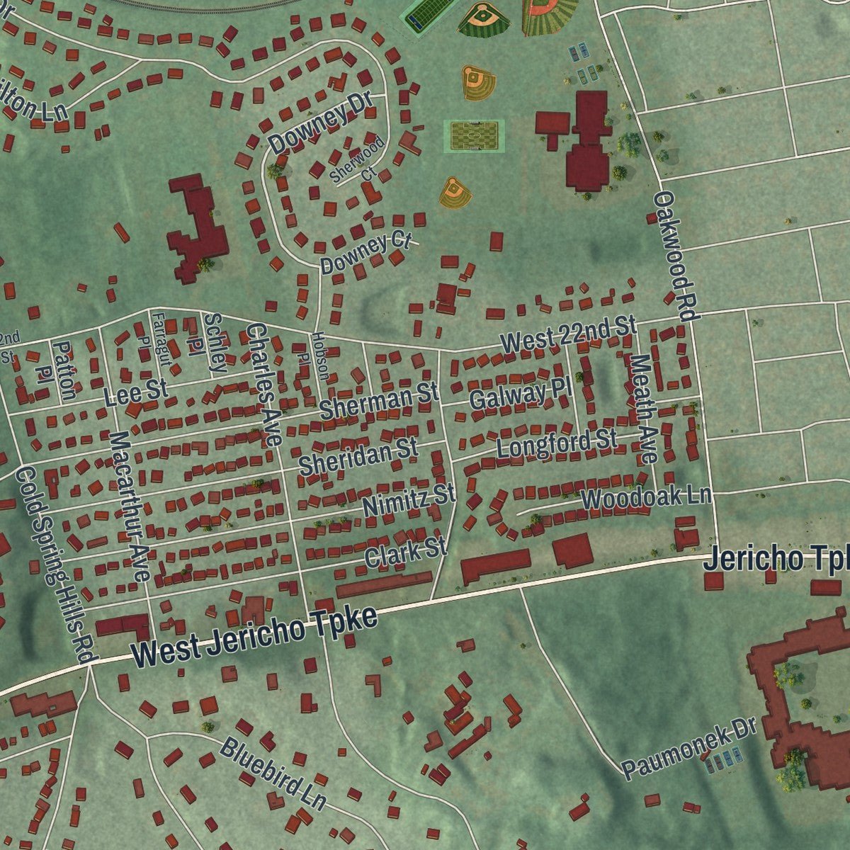 Close-up of the map of West Hills, New York print showing street and building detail