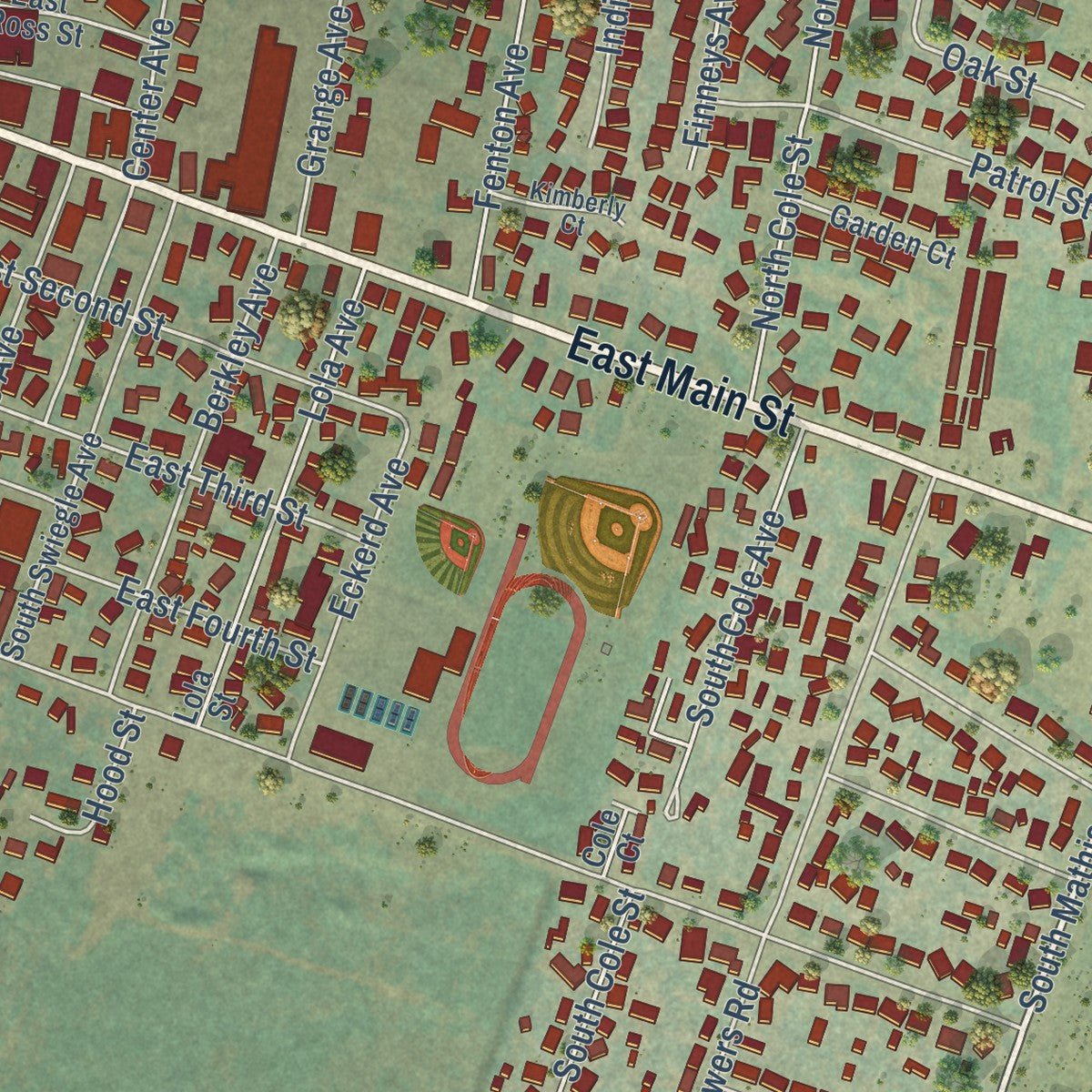 Close-up of the map of Molalla, Oregon print showing street and building detail