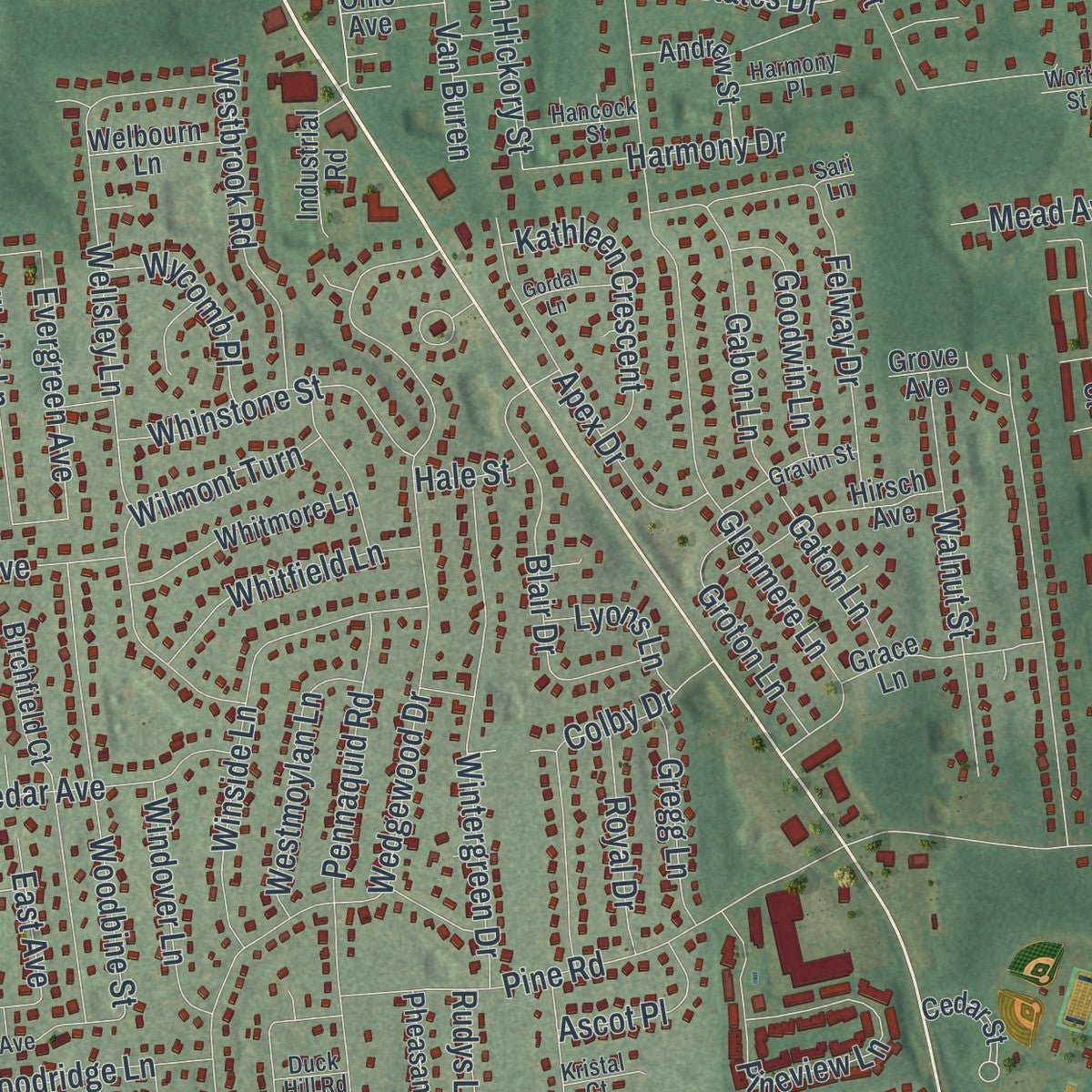 Close-up of the map of Coram, New York print showing street and building detail