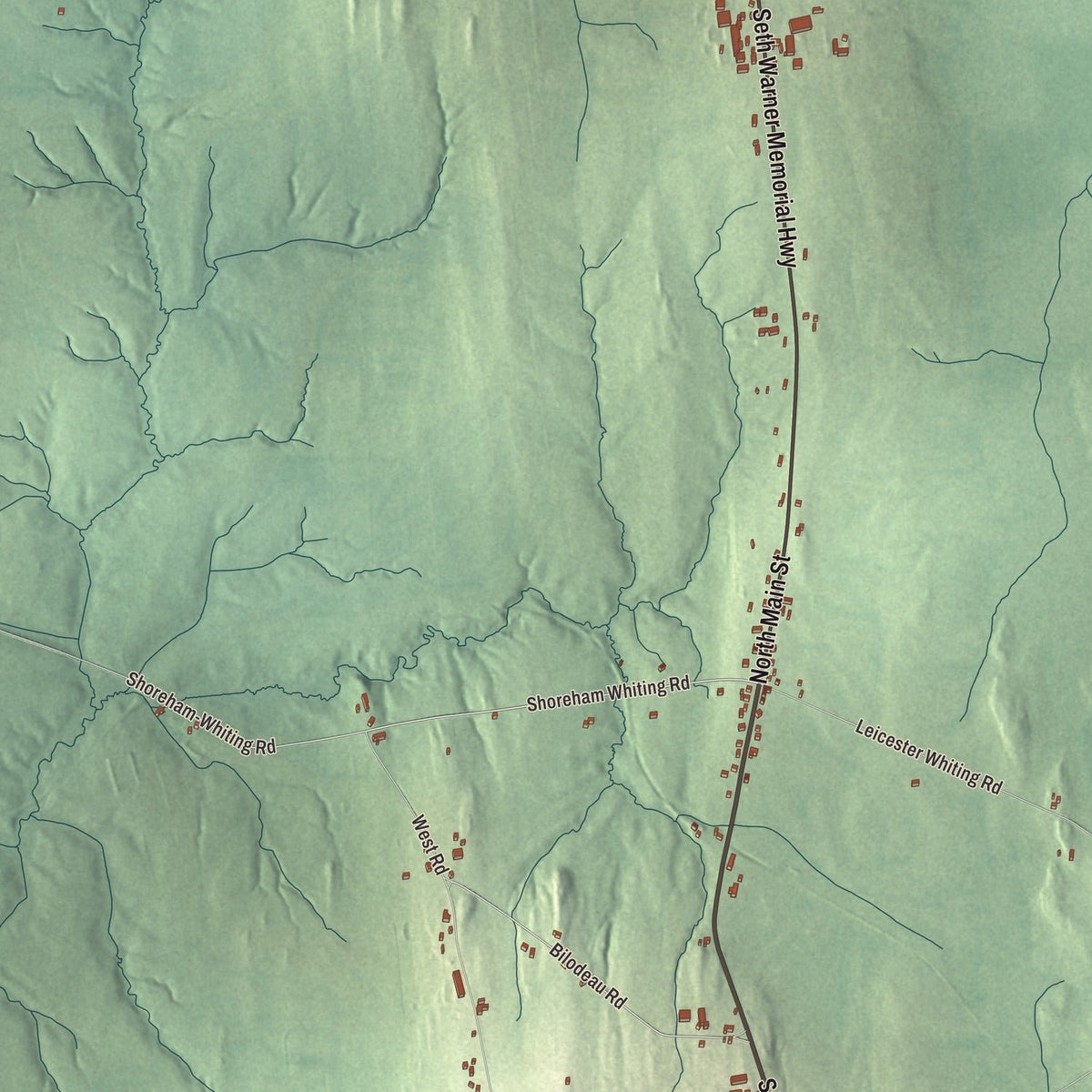 Close-up of the map of Whiting, Vermont print showing streets and neighborhoods