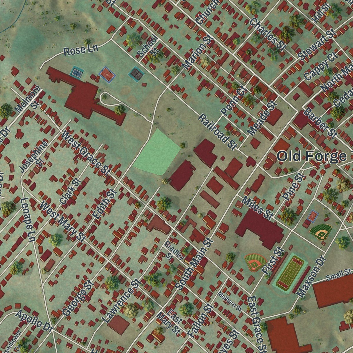Close-up of the map of Old Forge, Pennsylvania print showing street and building detail