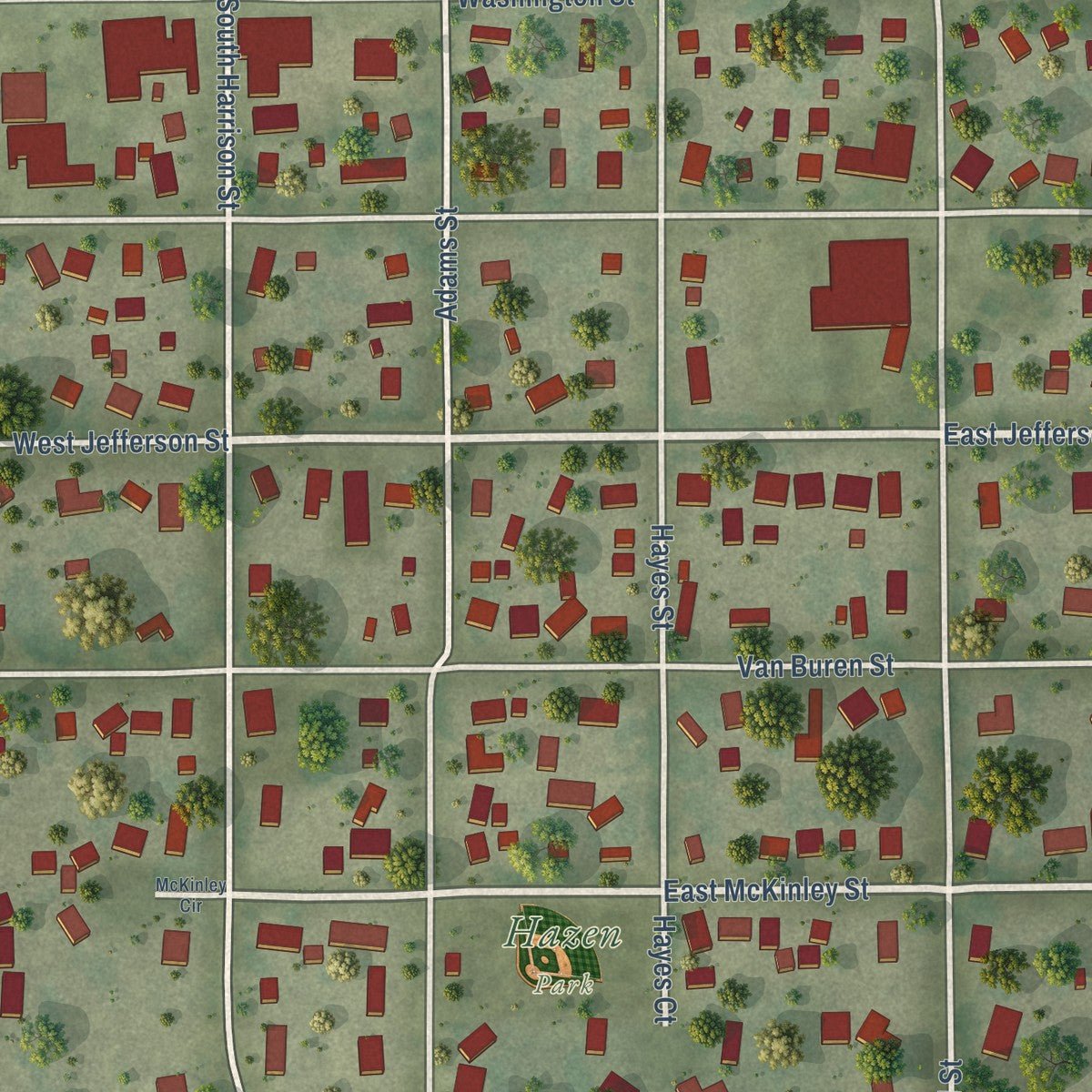Close-up of the map of Philo, Illinois print showing street and building detail