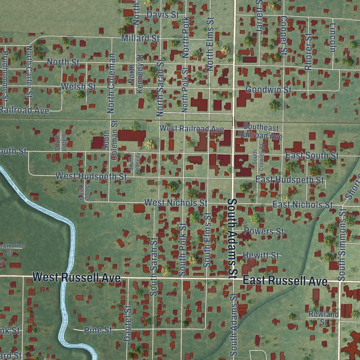 Close-up of the map of Welsh, Louisiana print showing street and building detail
