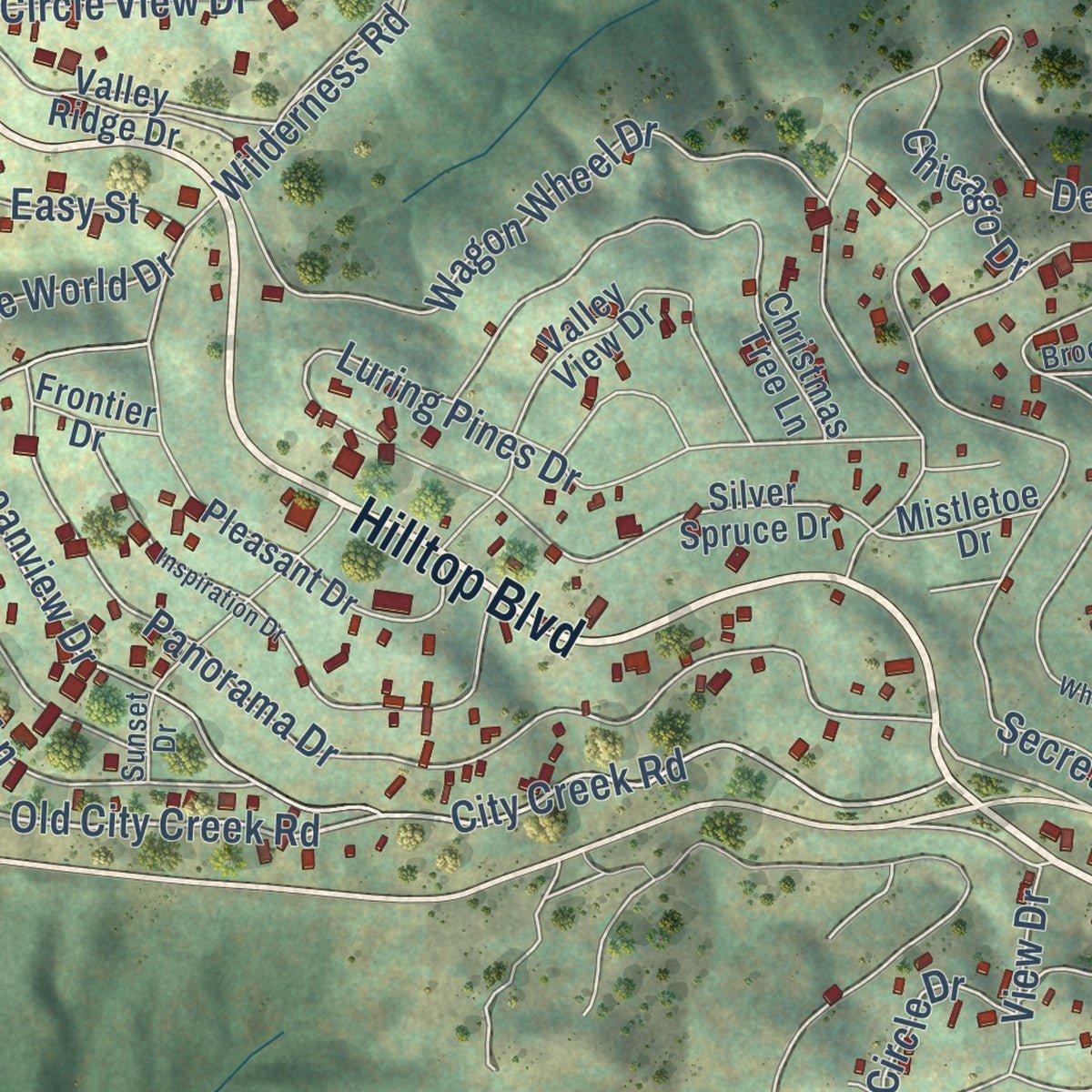 Close-up of the map of Running Springs, California print showing street and building detail