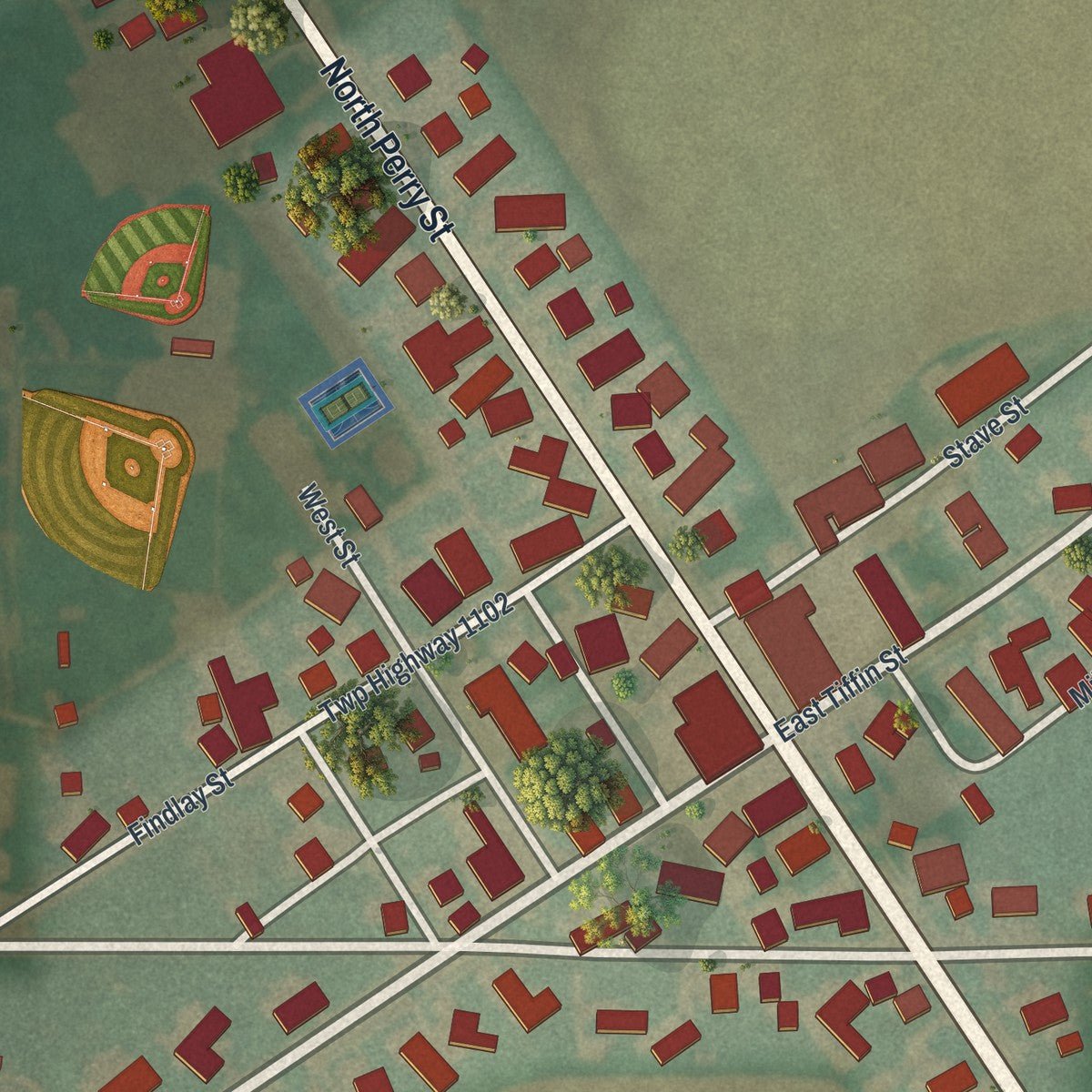 Close-up of the map of New Riegel, Ohio print showing street and building detail
