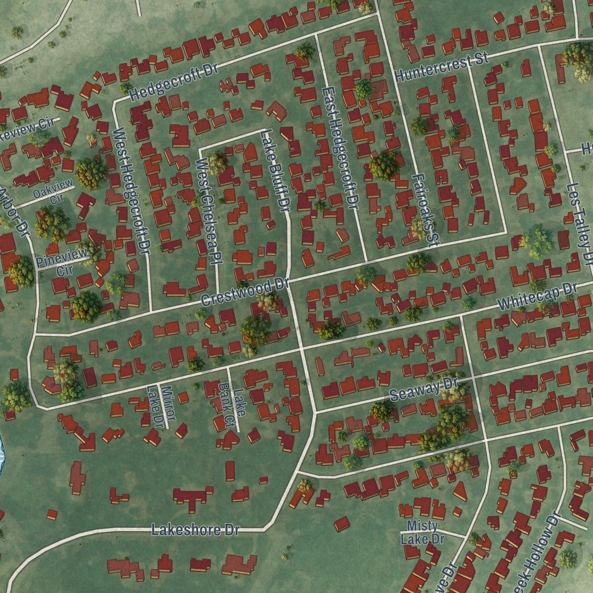 Close-up of the map of El Lago, Texas print showing street and building detail