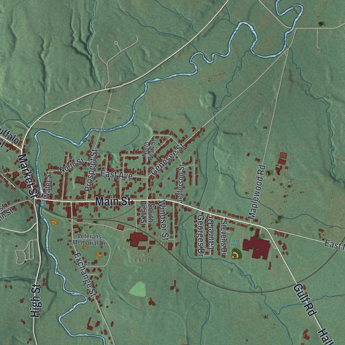 Close-up of the map of Attica, New York print showing street and building detail