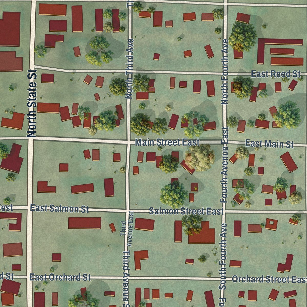 Close-up of the map of Hagerman, Idaho print showing street and building detail