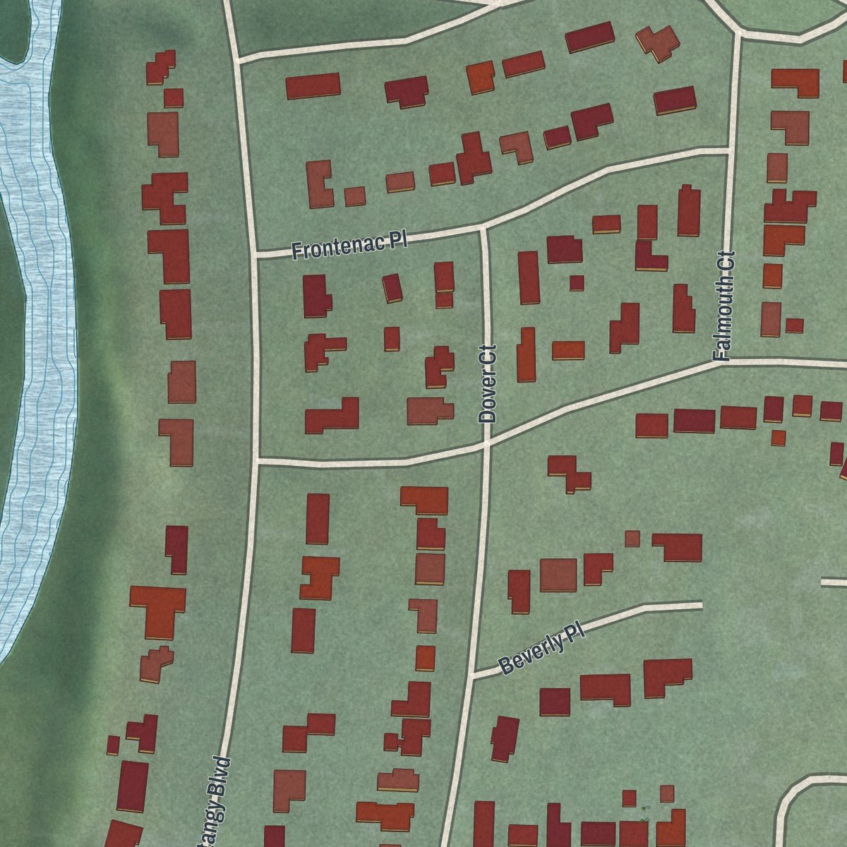 Close-up of the map of Riverlea, Ohio print showing street and building detail