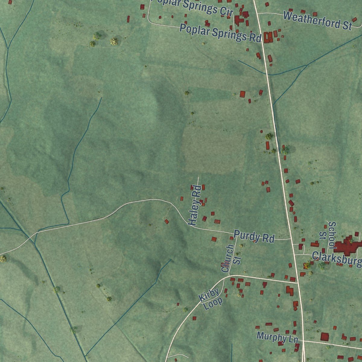Close-up of the map of Clarksburg, Tennessee print showing street and building detail
