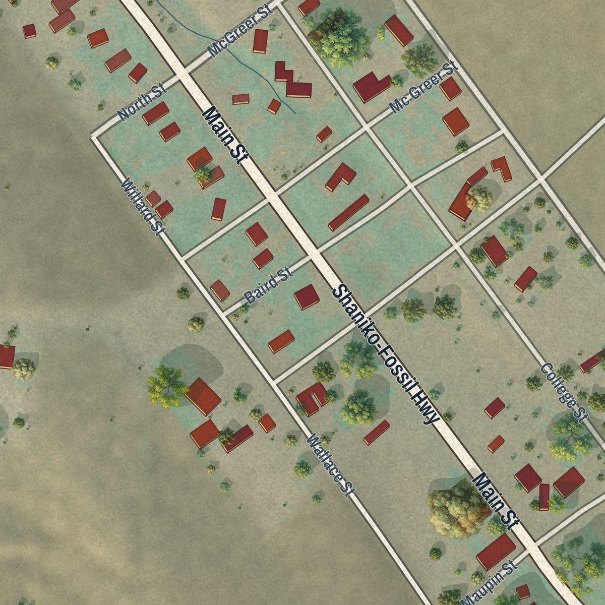 Close-up of the map of Antelope, Oregon print showing street and building detail