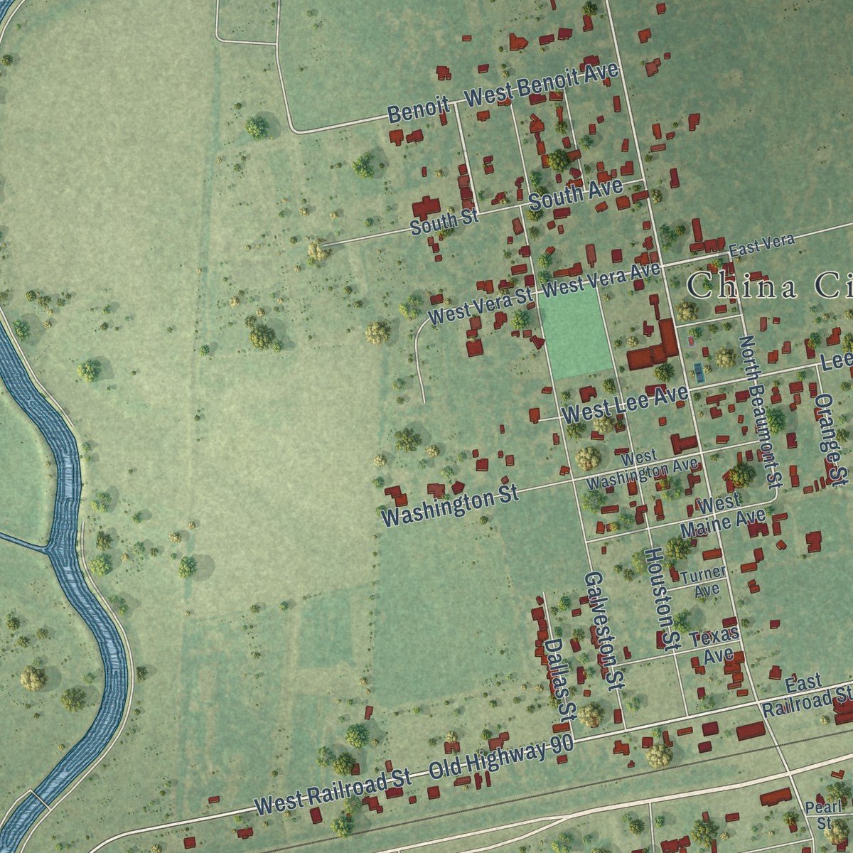 Close-up of the map of China, Texas print showing street and building detail