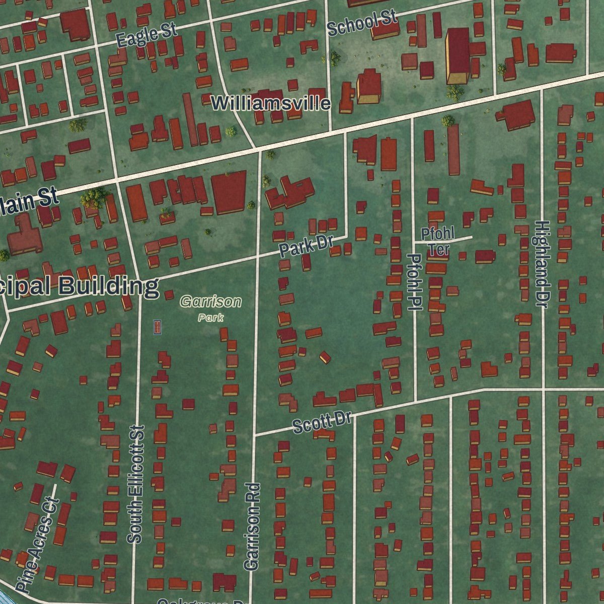 Close-up of the map of Williamsville, New York print showing street and building detail