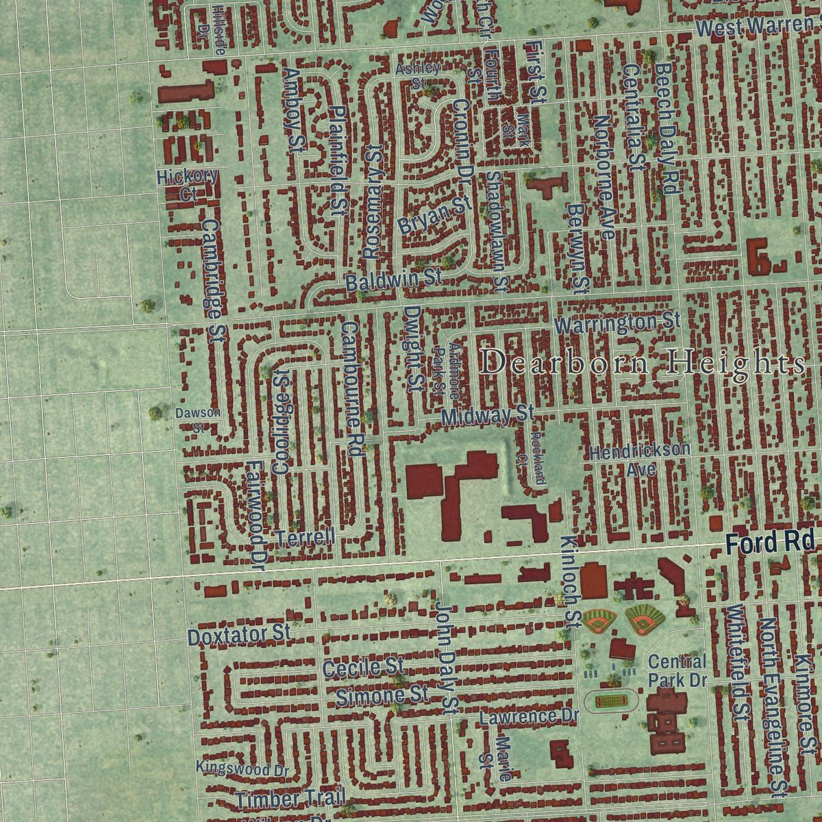 Close-up of the map of Dearborn Heights, Michigan print showing street and building detail