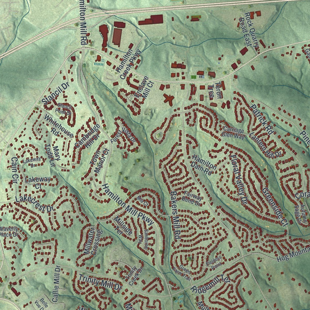 Close-up of the map of Mulberry, Georgia print showing street and building detail