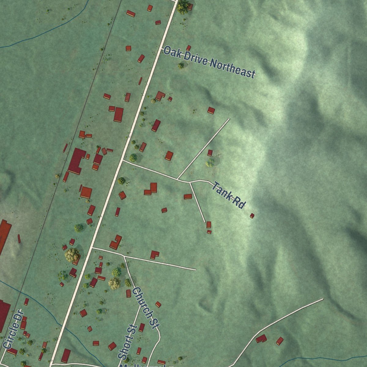 Close-up of the map of Belk, Alabama print showing street and building detail