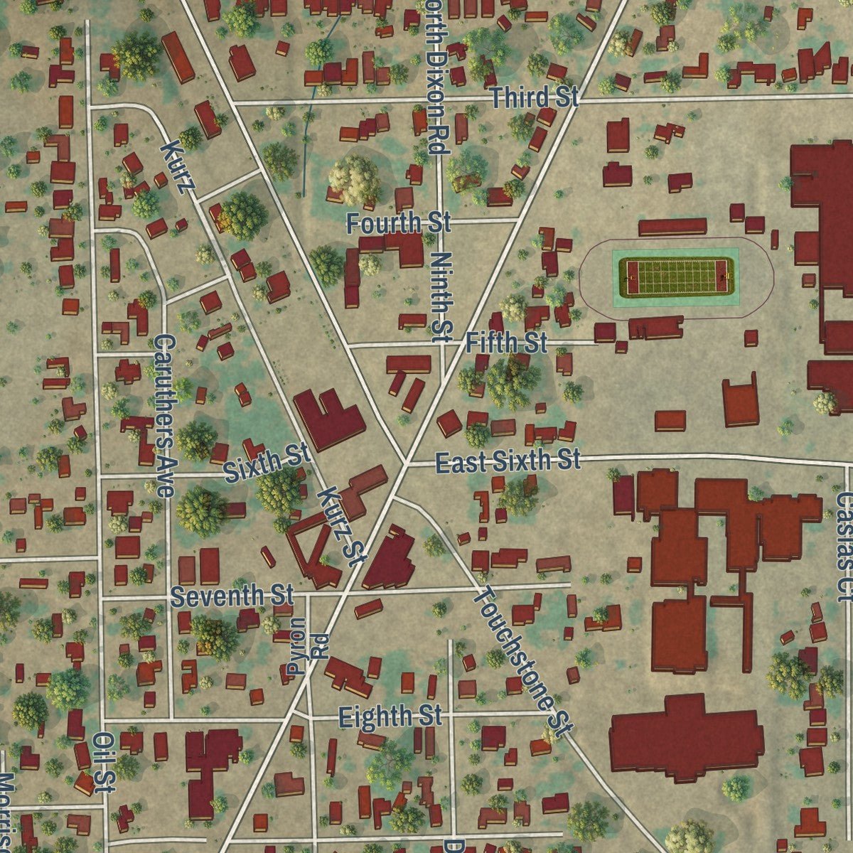 Close-up of the map of Somerset, Texas print showing street and building detail