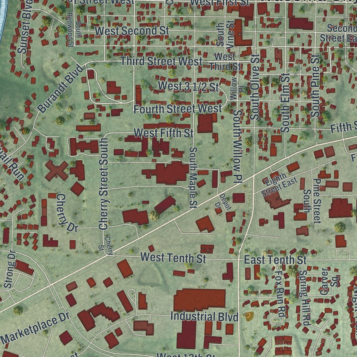 Close-up of the map of Waconia, Minnesota print showing street and building detail