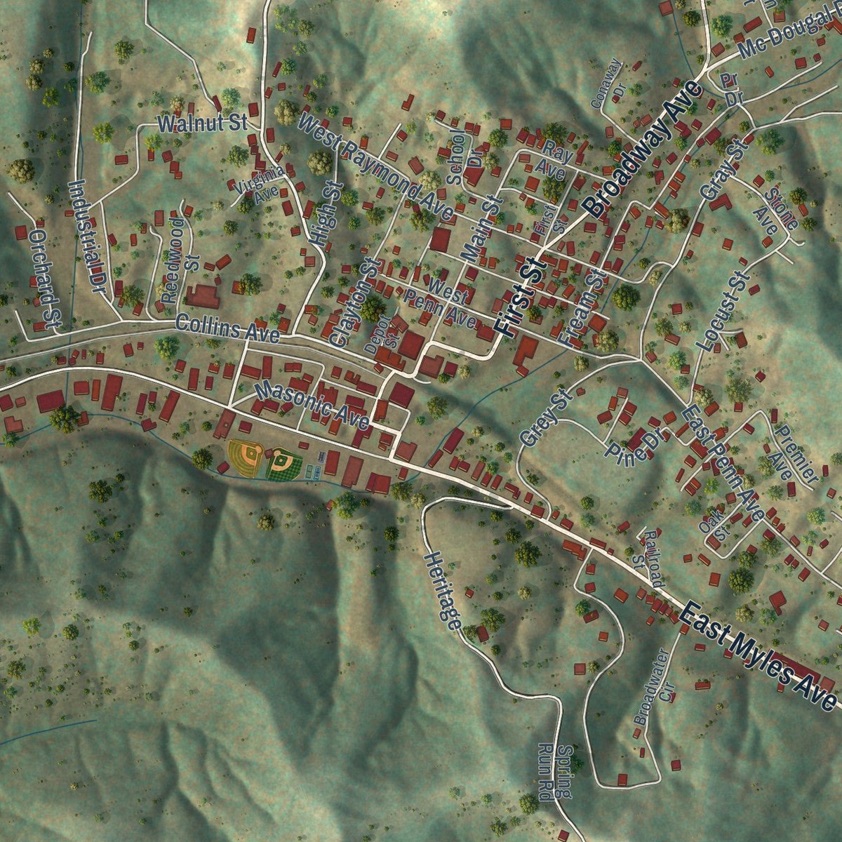 Close-up of the map of Pennsboro, West Virginia print showing street and building detail