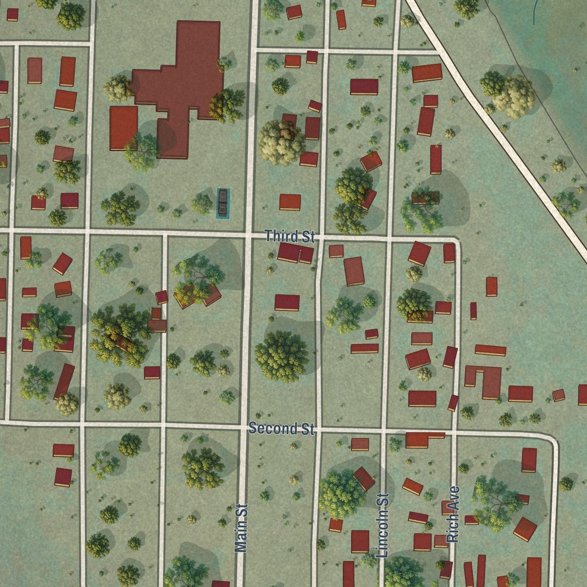 Close-up of the map of Yampa, Colorado print showing street and building detail