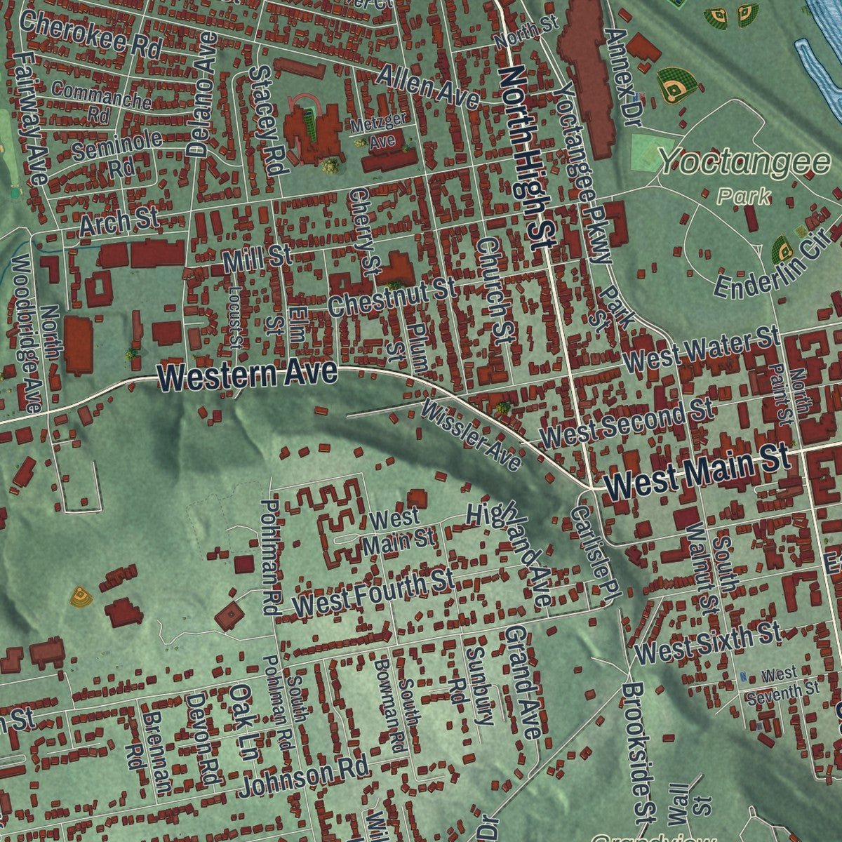 Close-up of the map of Chillicothe, Ohio print showing street and building detail