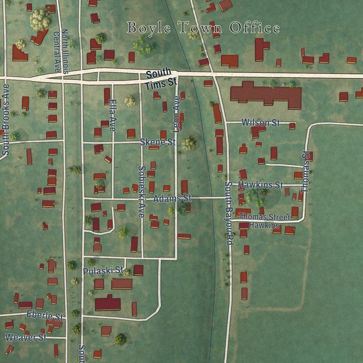 Close-up of the map of Boyle, Mississippi print showing street and building detail