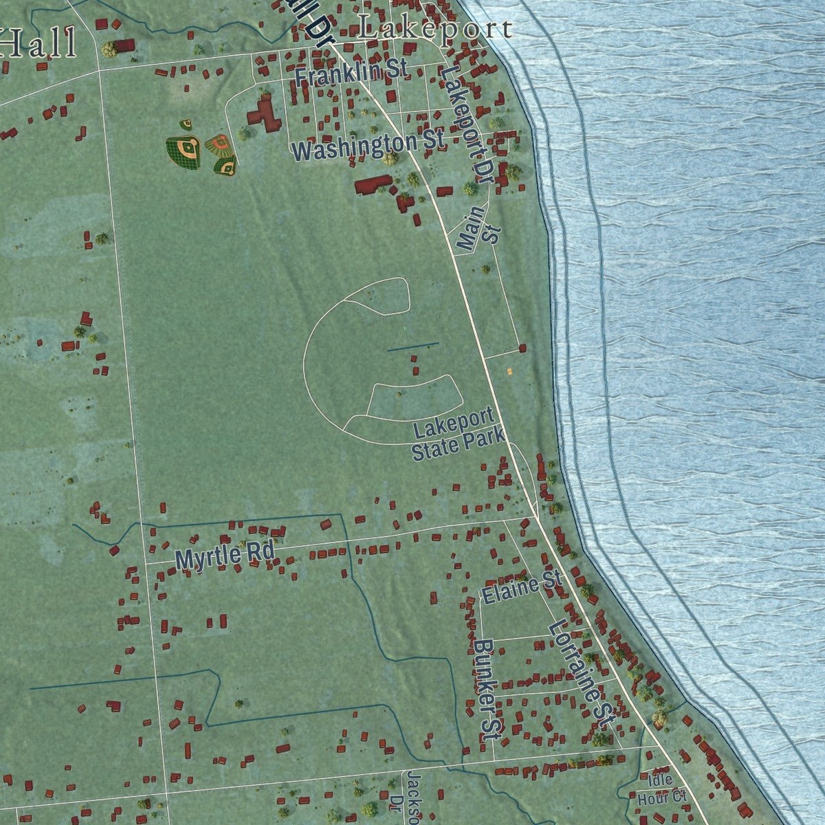 Close-up of the map of Burtchville, Michigan print showing street and building detail
