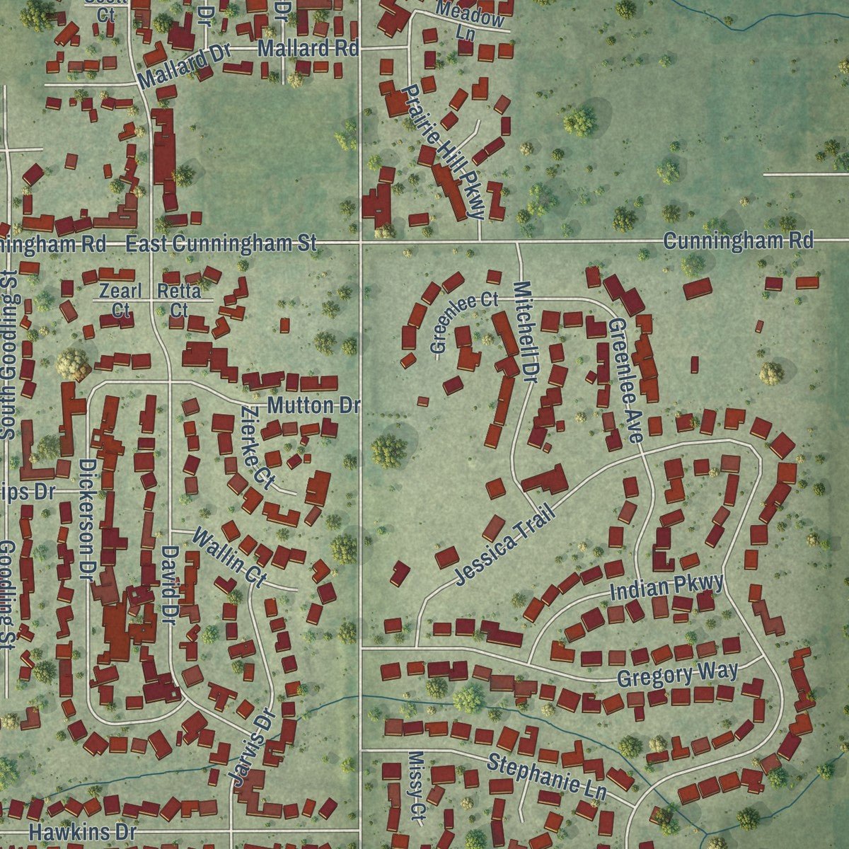 Close-up of the map of Winnebago, Illinois print showing street and building detail