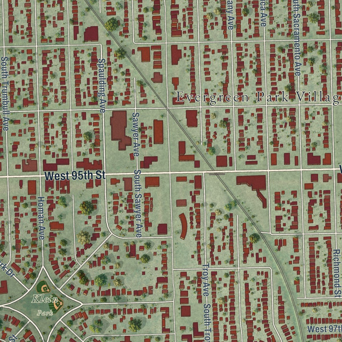Close-up of the map of Evergreen Park, Illinois print showing street and building detail