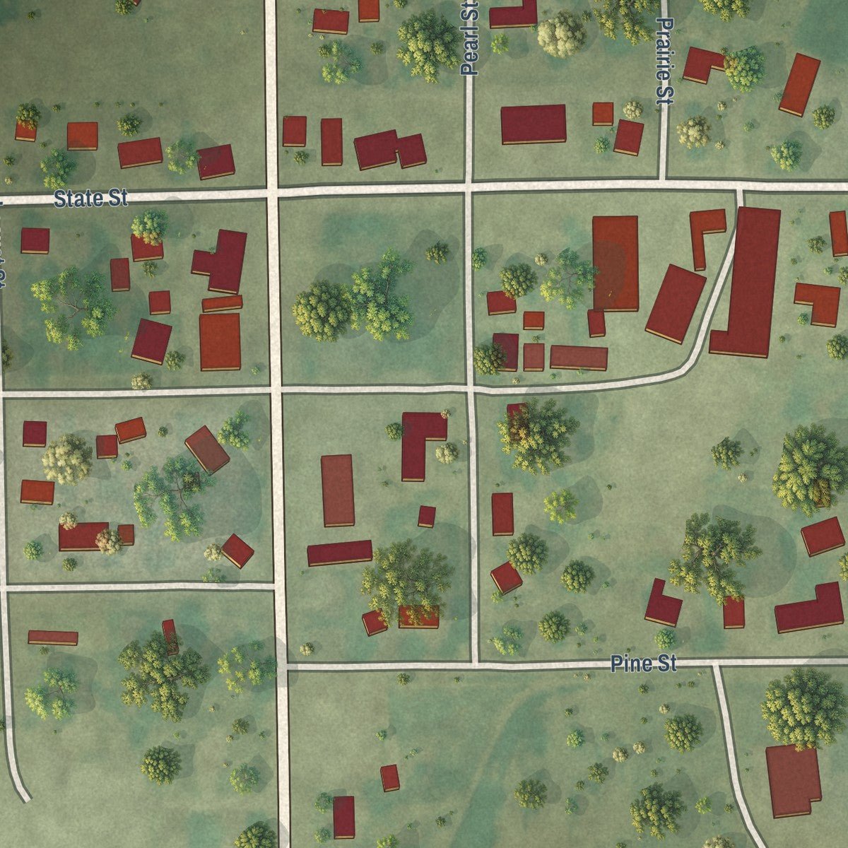 Close-up of the map of Modesto, Illinois print showing street and building detail