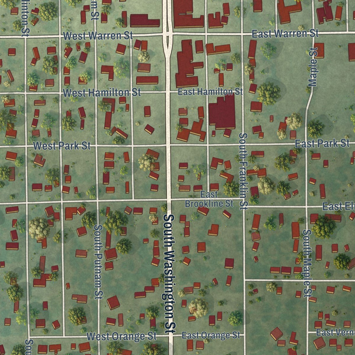 Close-up of the map of Bunker Hill, Illinois print showing street and building detail