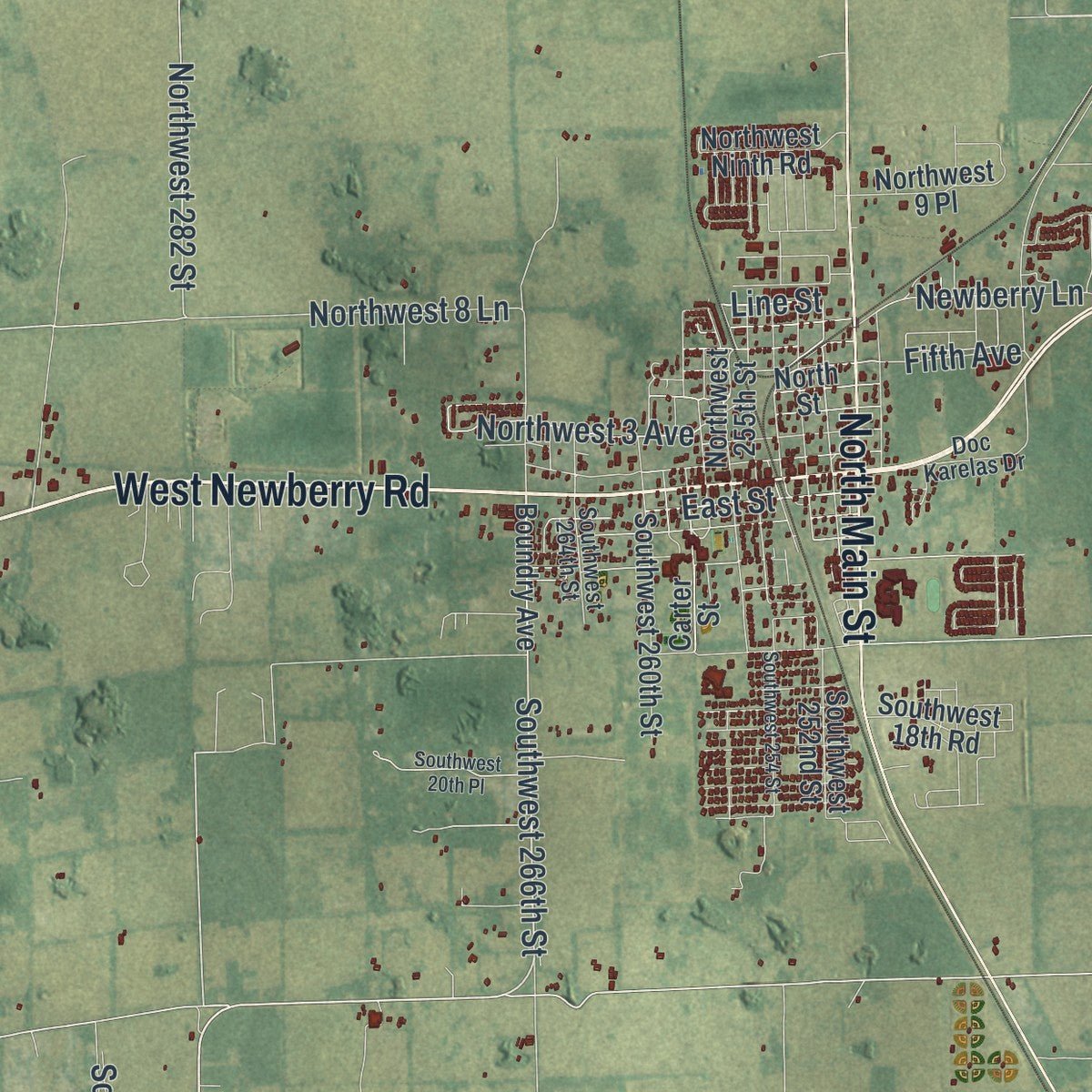Close-up of the map of Newberry, Florida print showing street and building detail
