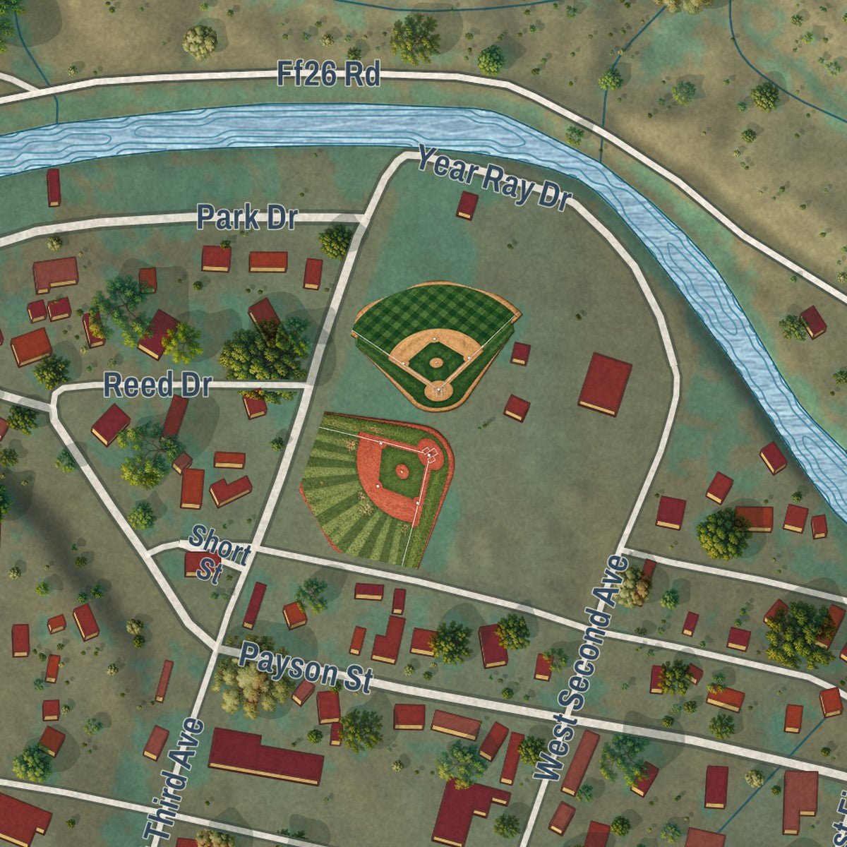 Close-up of the map of Naturita, Colorado print showing street and building detail