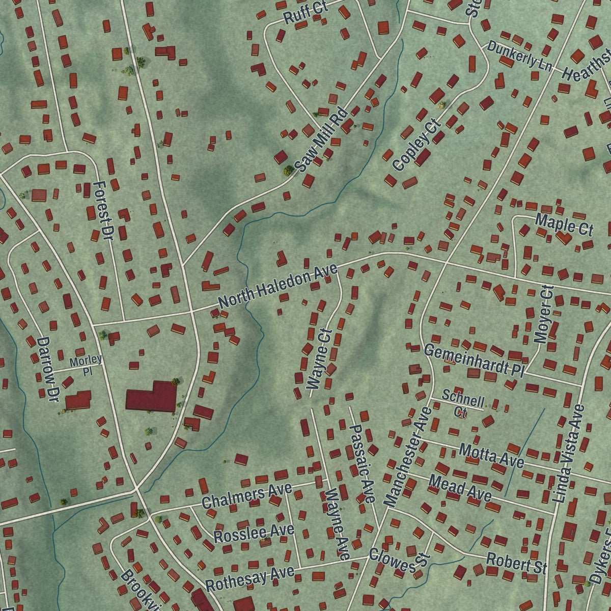 Close-up of the map of North Haledon, New Jersey print showing street and building detail