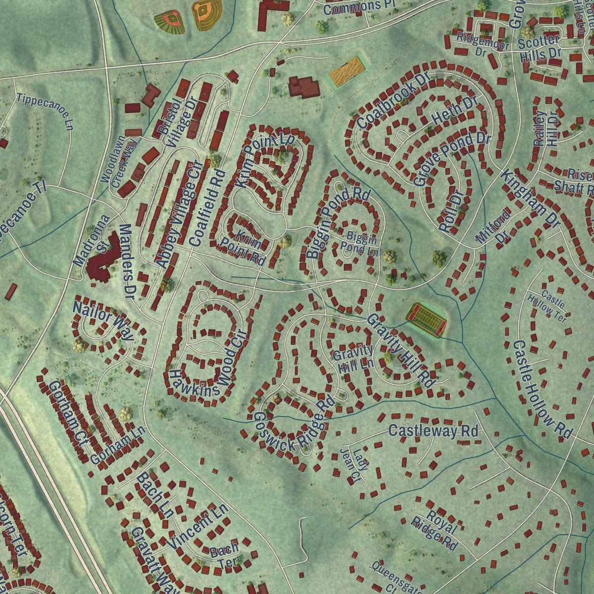 Close-up of the map of Midlothian, Virginia print showing street and building detail