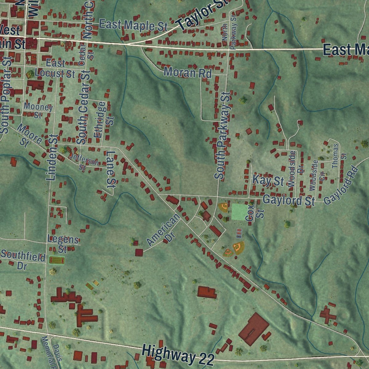 Close-up of the map of Dresden, Tennessee print showing street and building detail