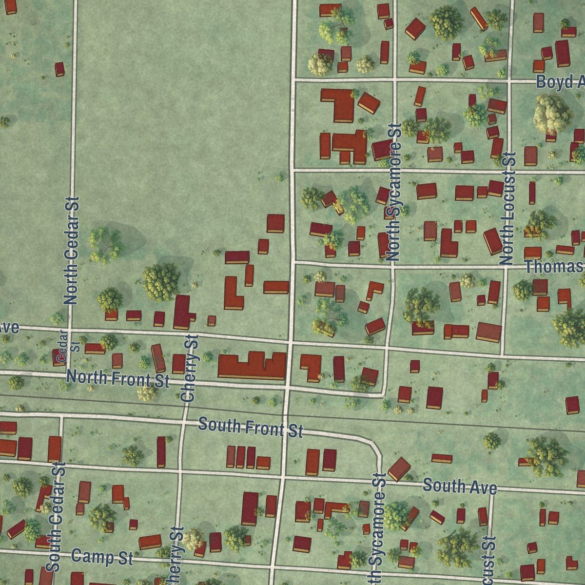 Close-up of the map of Iuka, Illinois print showing street and building detail
