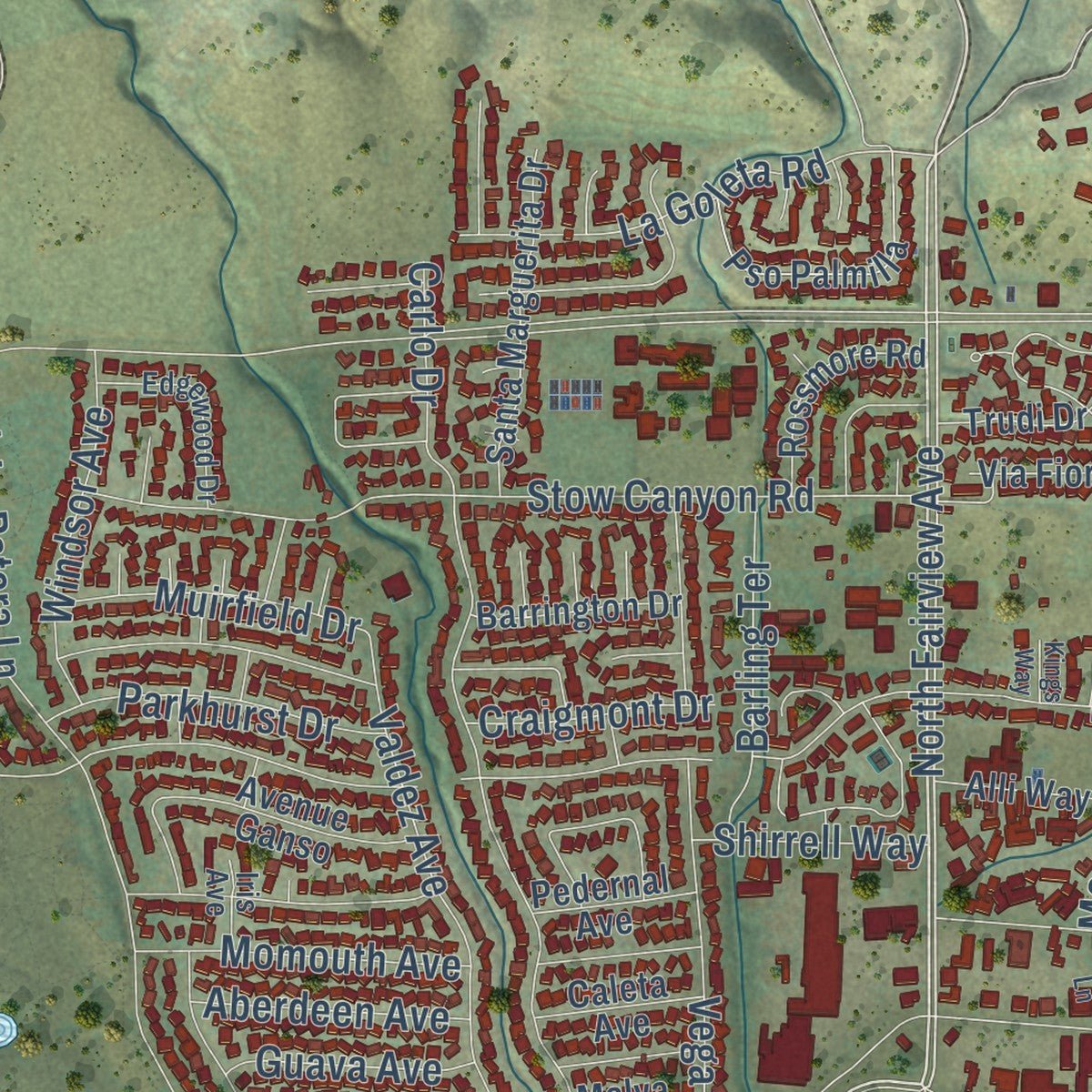 Close-up of the map of Goleta, California print showing street and building detail