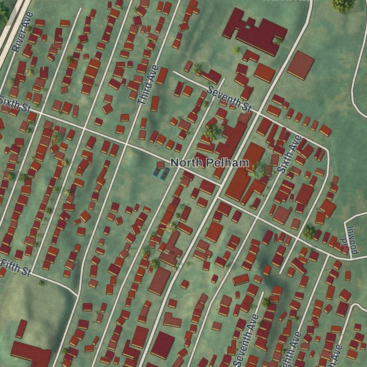 Close-up of the map of the Village of Pelham, New York print showing street and building detail