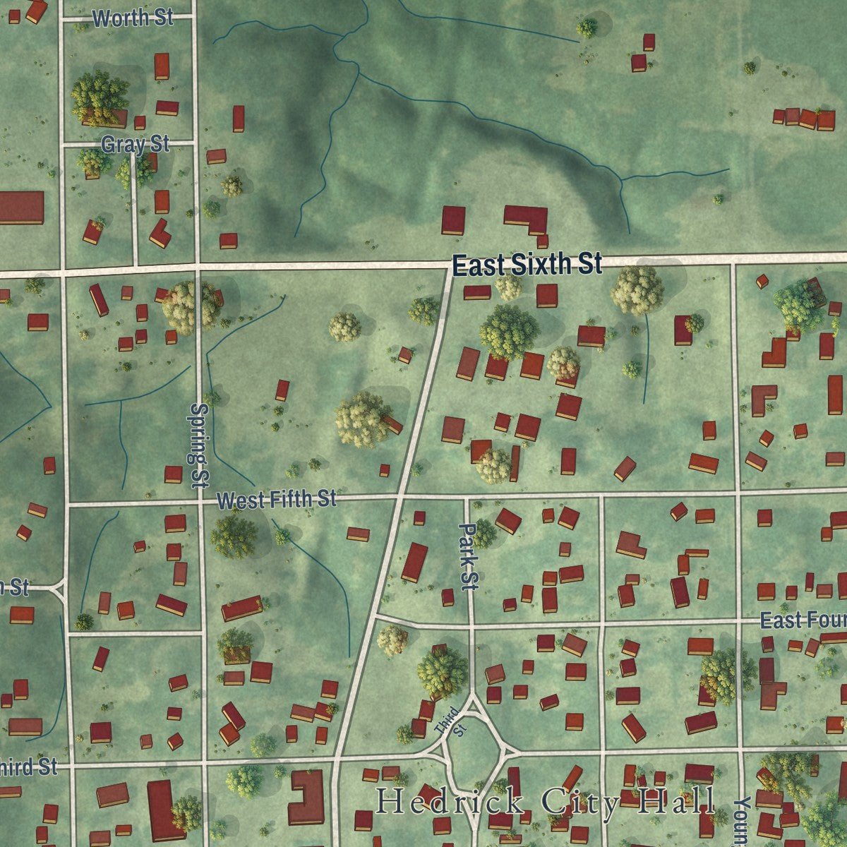 Close-up of the map of Hedrick, Iowa print showing street and building detail