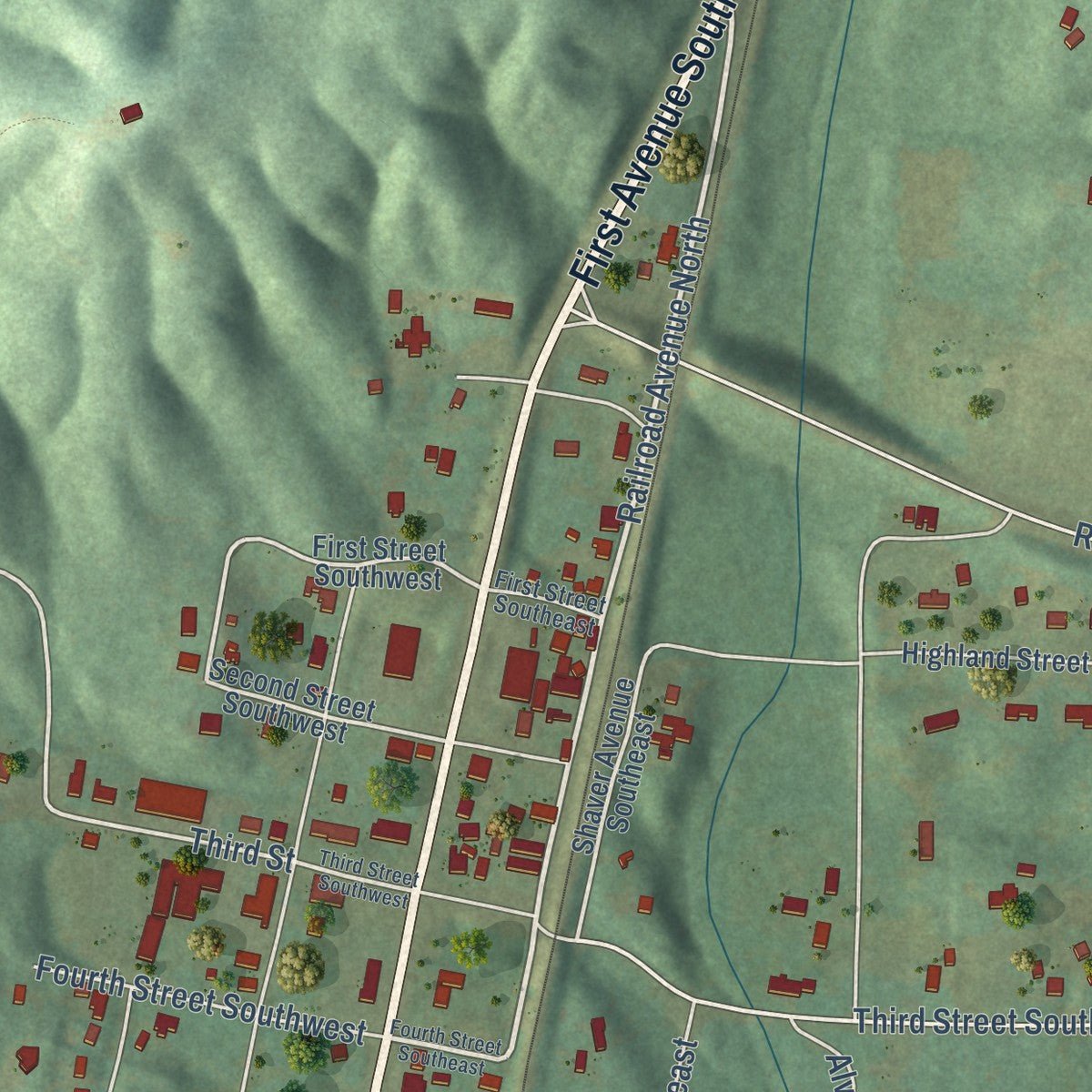 Close-up of the map of Garden City, Alabama print showing street and building detail
