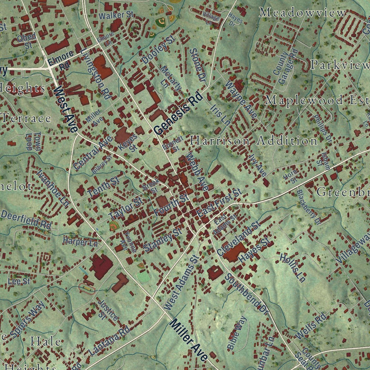 Close-up of the map of Crossville, Tennessee print showing street and building detail
