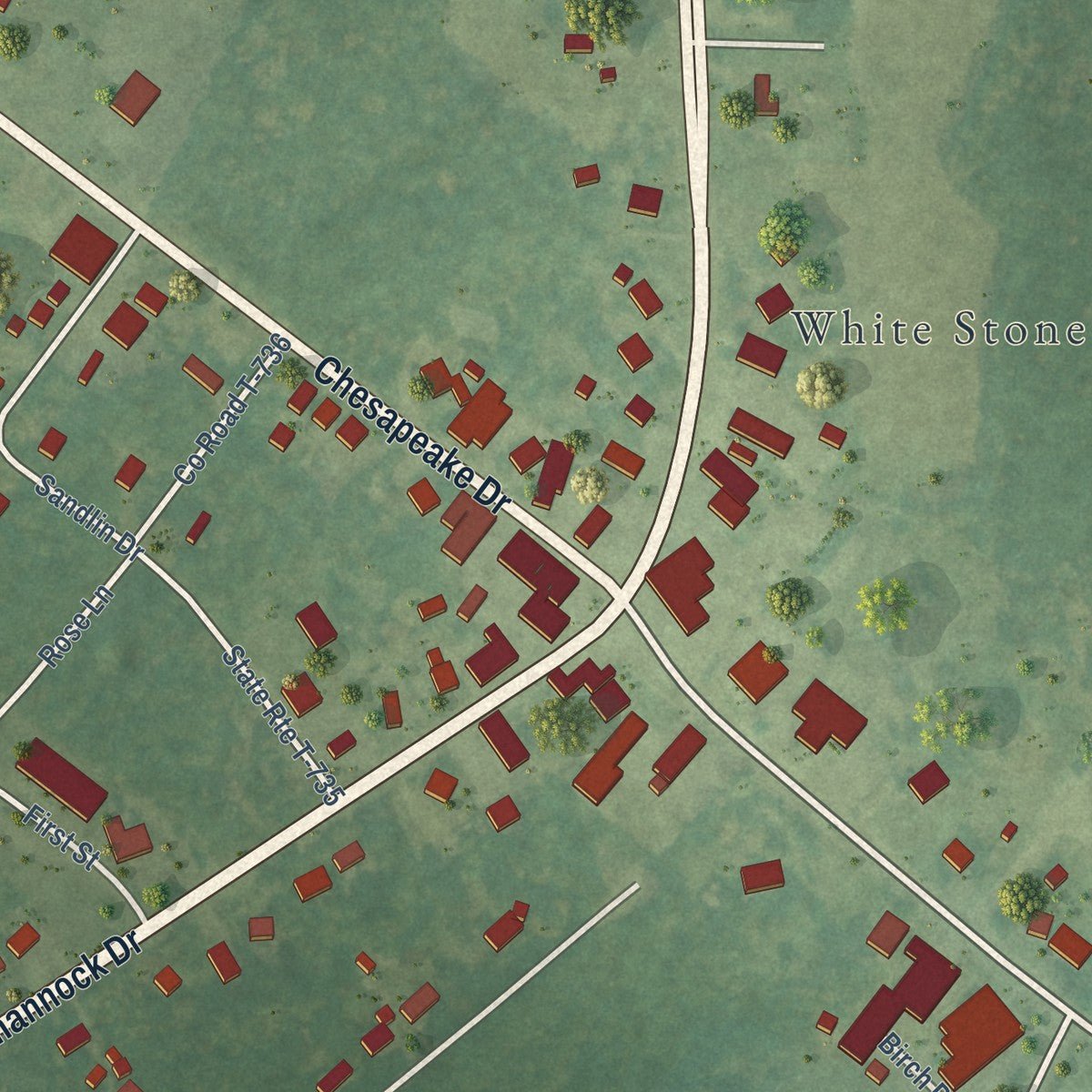 Close-up of the map of White Stone, Virginia print showing street and building detail