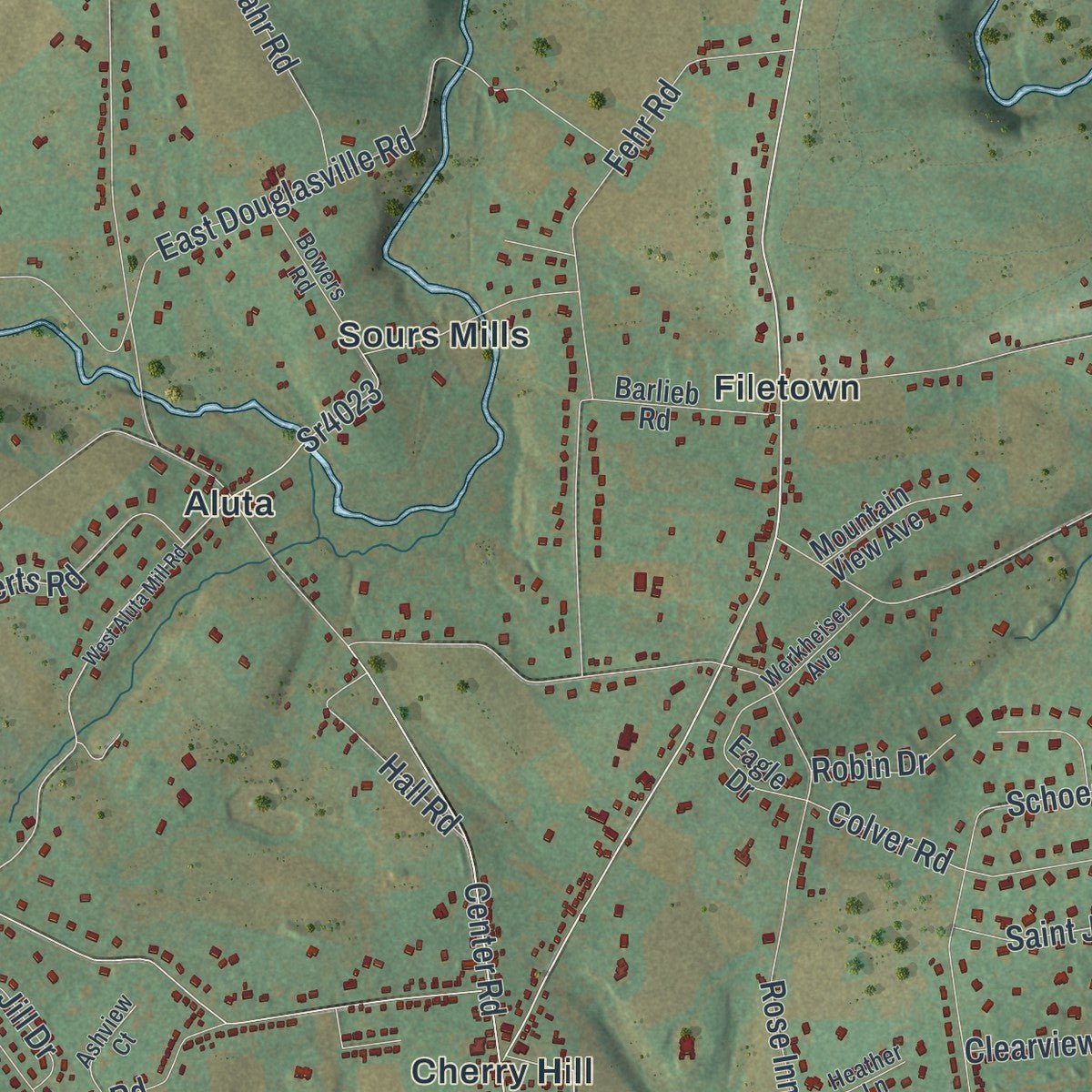 Close-up of the map of Bushkill, Pennsylvania print showing street and building detail