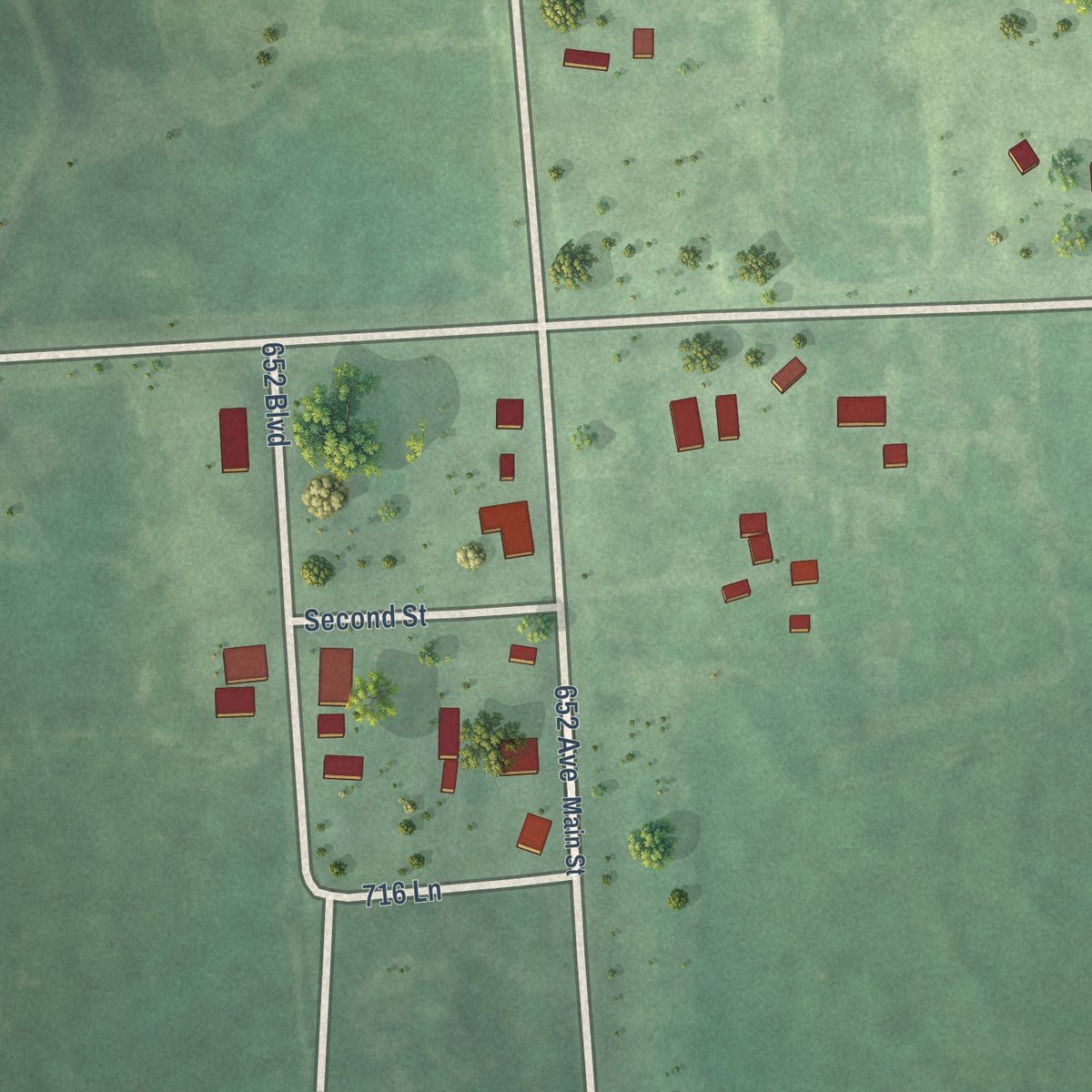 Close-up of the map of Barada, Nebraska print showing street and building detail